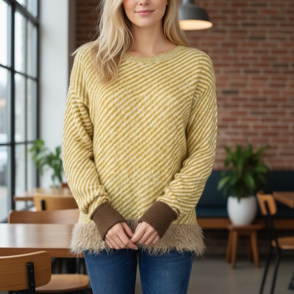 TELA Women's Striped Knit Sweater Fur Trim Mohair Wool - Picture 1 of 6